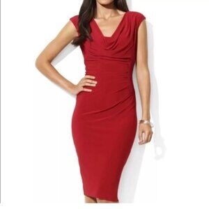 Lauren Ralph Lauren Sleeveless Cowl Neck Ruched Red Sheath Dress Size 10